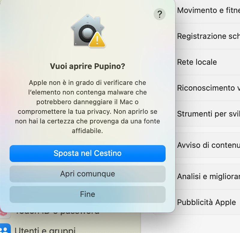 Finestra Vuoi aprire Pupino? con tre pulsanti